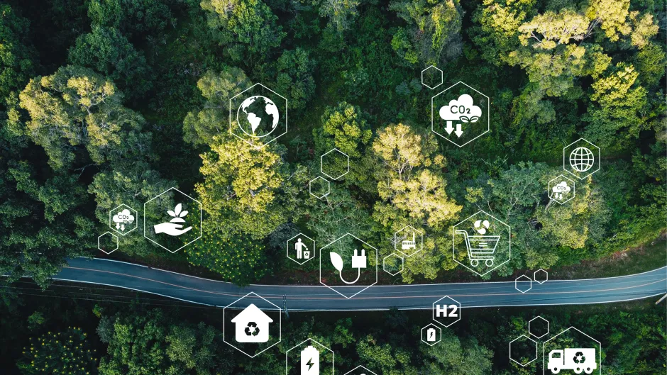 Blick auf einen naturnahen Wald, durch den eine Straße führt. Darüber sind grafische Elemente zum Thema emissionsfreier Verkehr abgebildet, unter anderem ein CO2-Symbol, eine E-Tankstelle, die Weltkugel und anderes.